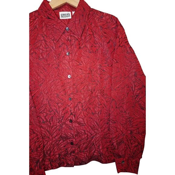 Chico’s Design Red Burnout Leaf Blouse Women’s L – Vintage 90s Semi Sheer Button - Picture 2 of 7